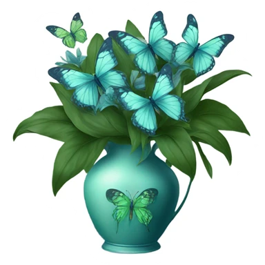 Aesthetic butterfly with blue and green  wings sitting on a dark blue bouquet of Lilies in a pastel green vase sticker