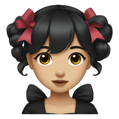 hime girl, light skin with brown eyes and black hair with bangs, bows, dark makeup, black shirt sticker