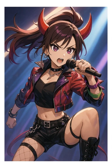 Rumi from Kpop Demon Hunters, action stance, holding a microphone, dramatic lighting, K-pop fashion, anime-inspired style sticker