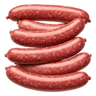 small pile of raw sausage meat, coarse ground, pinkish-red, white fat flecks, moist uneven texture, natural color, artisanal, soft lighting, subtle shadows, no casing, no bowl, no faces, transparent background, emoji scale sticker