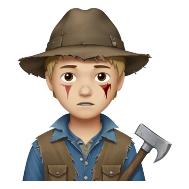 13 y/o Brian robeson at the beginning of Hatchet
distressed, has hatchet, small scratches(no bleeding type) on face, no blood on hatchet sticker