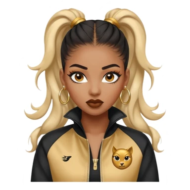 “black Emoji girl, fierce confident expression, sharp black winged eyeliner, bold brows, matte nude lips, long curled lashes, sleek high ponytail, gold hoop earrings, sporty streetwear jacket.” sticker