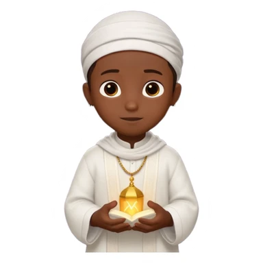 Personnage 3D mignon en style Pixar, un petit garçon portant un qamis blanc et un kufi, tenant un tapis de prière, entouré de lanternes brillantes, fond doux, couleurs chaudes, garçon teint noir sticker