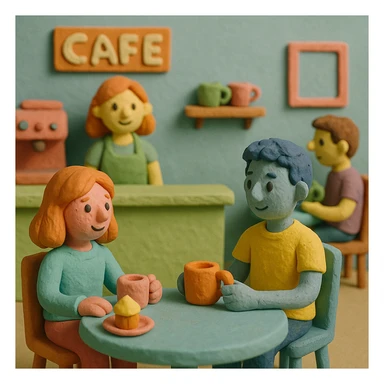 a cafe scene, pastel colors, playful atmosphere, claymation style sticker