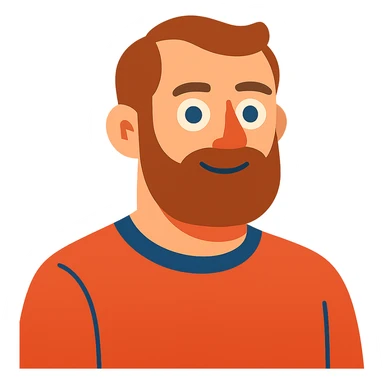 Homme avec moins de cheveux, barbe plus courte, cheveux et barbe bruns, même style cartoon vibrant, avec fond transparent sticker