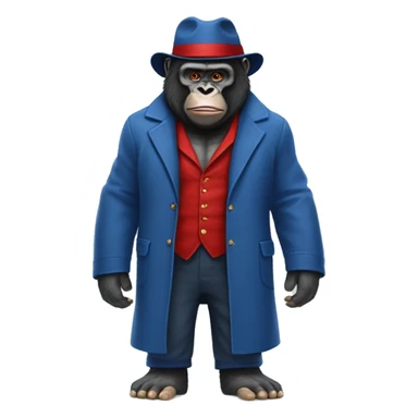 gorilla in paddington bear's  blue overcoat clothes and red hat, full body musular  sticker