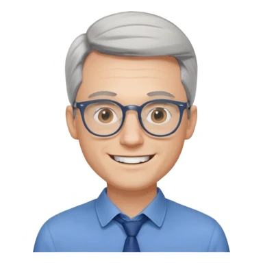 30 yr old pale white man, grey side swept hair, round glasses, big smile, white teeth, handsome, longer hair, thin glasses, blue dress shirt sticker