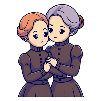 Two Victorian women in a sad intimate hug, one with white coiffed hair and one with copper coiffed hair, both with grey eyes, wearing Victorian turtleneck dresses sticker
