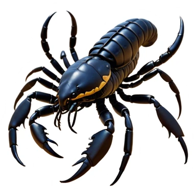 Cinematic Noble Emperor Scorpion Portrait Emoji, Poised and formidable, with a robust, armored build and a glossy, jet-black exoskeleton accented by striking, segmented pincers, deep-set piercing eyes, Simplified yet sharp and sophisticated features, highly detailed, glowing with a cool, dignified glow, high shine, intelligent and imposing, stylized with an air of ancient desert majesty, focused and attentive, soft glowing outline, capturing the essence of a watchful and commanding scorpion that feels as though it could silently creep out of the screen with effortless authority! sticker