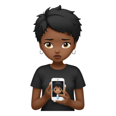generate a pretty bratz girl with short black very messy hair, looking tired and using her phone, wearing an oversized black tshirt sticker