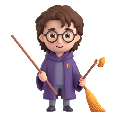 Add a broomstick to Harry Potter, keep messy hair and wand, 3D emoji style sticker