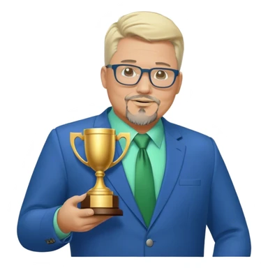 Full Body white middle aged male plus size wearing glasses with a goatee with light blonde and gray very short hair basketball head Coach in blue and green suit holding trophy sticker