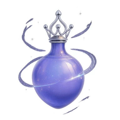 final ultra-luxurious small elixir bottle inspired by a crown shape on top, color #7986cb, bottom merges seamlessly into a rounded, closed bottle (not flat or glass-like), the whole bottle looks like it's floating and swirling in the air, elegant silver and iridescent details, magical glowing and sparkling effects, very small neck, seamless rounded bottom, transparent background, no base or shadow, modern, luxury collection style sticker