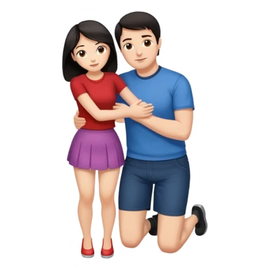  man with dark hair on knees, facing dark haired, middle aged woman in a micro mini skirt, hugging her waist sticker