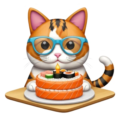 cat with cool square glasses eating a birthday cake made out of sushi sticker