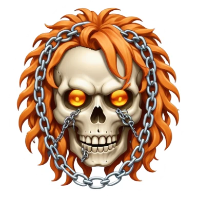 steam-punk Megadeth - iconic mascot skull made of rusty metal with chains on its teeth, huge curly orange hair sticker