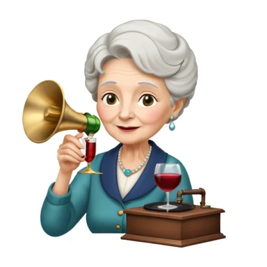 old lady with wineglass listening to gramophone sticker