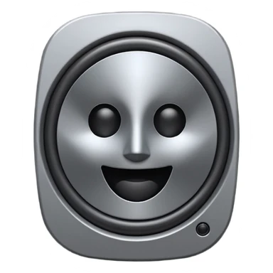 Minimal emoji icon of a modern metallic speaker, front view, detailed geometry, dark metallic body, subtle highlights, isolated sticker