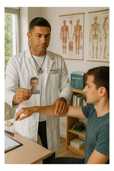 a middle-aged man, dressed in casual professional attire, is in a bright, organized therapy studio. Durante una visita di kinesiologia, il ragazzo tiene con una mano la foto di una persona lontana (il “testimone”) tiene la foto in mano, mentre con l’altra mano esegue un test muscolare su un cliente presente senza foto. Sullo sfondo si vedono libri di kinesiologia, poster anatomici e strumenti tipici della disciplina. L’atmosfera è concentrata e serena, con luce naturale che entra dalla finestra, sottolineando l’aspetto alternativo e umano della pratica. sticker