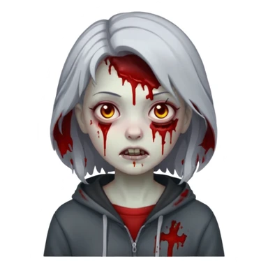 zombie girl with blood and grey hair with a dark hoodie on sticker