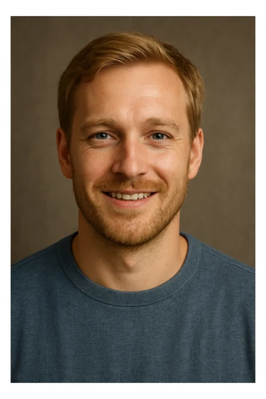 A man, 35 years old, blonde hair, blue eyes, light beard, smiling expression. sticker