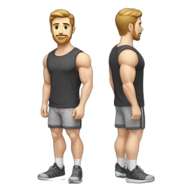 Full height Pale skinned fit man With biceps, Realistic eyes and mouth, light brown hair and stubble In dark gray sleeveless mike, black oversize sports shorts, watch and white sneakers. sticker