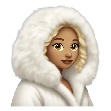 Tanned Girl with lashes , blonde hair, in an extremely big fluffy oversized white fur coat with hood on. The fur is real and it’s very obvious big and fluffy, aestheticism sticker