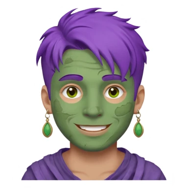 purple haired man with full full face dirty messy green clay mask and earrings happy  sticker