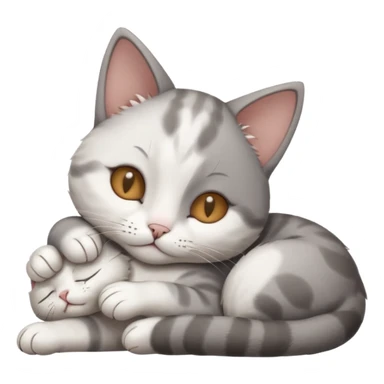 grey and white small cat with eyes closed lying down with its head resting own paw sticker