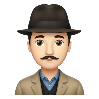 A light-skinned man with short dark hair, a thin mustache, and a black fedora, with an oval face and calm look. sticker