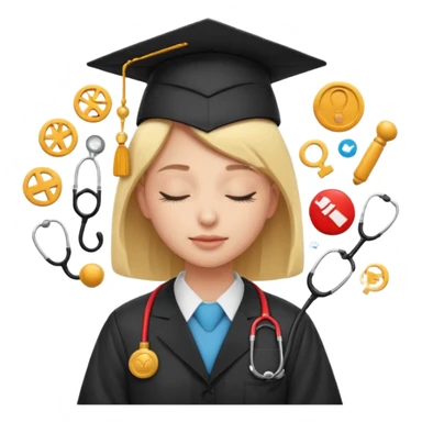 a person with closed eyes, surrounded by floating symbols of different professions sticker