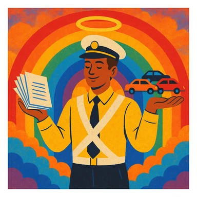 A traffic officer, halo above head, rainbow backdrop, arms extended: one hand with a stack of papers, the other with cars driving. sticker