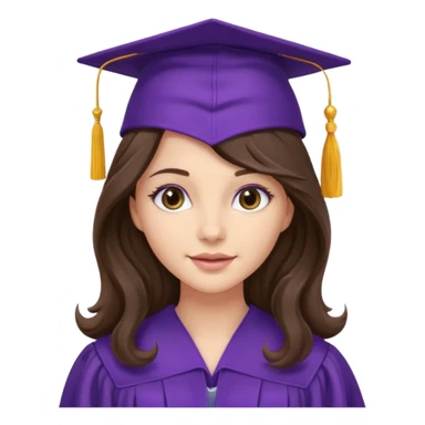 pretty brunette with long wavy hair wearing a purple graduation cap and gown sticker