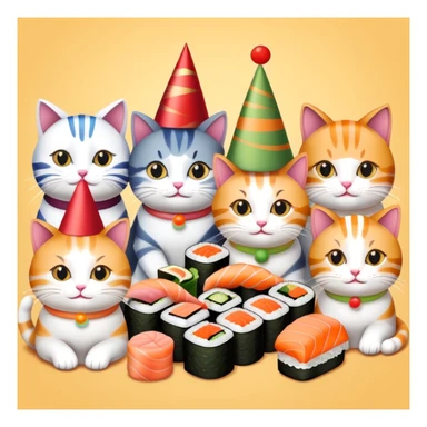 Cats gathered around sushi at a birthday party sticker