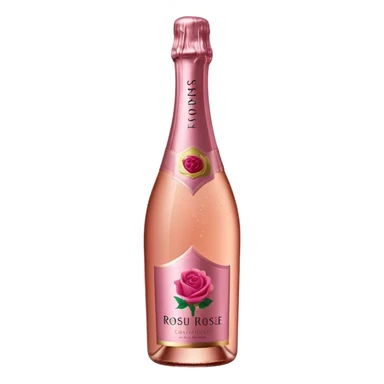 bottle of sparkling rosé champagne with a rose logo on the label, tilted up and to the right, no glass sticker