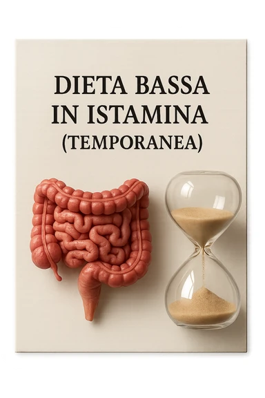 foglio di carta di una dieta con la scritta "DIETA BASSA IN ISTAMINA (TEMPORANEA), E ACCANTO CI METTI UN INTESTINO IN MINIATURA E UNA CLESSIDRA, iperrealistico 4k sticker