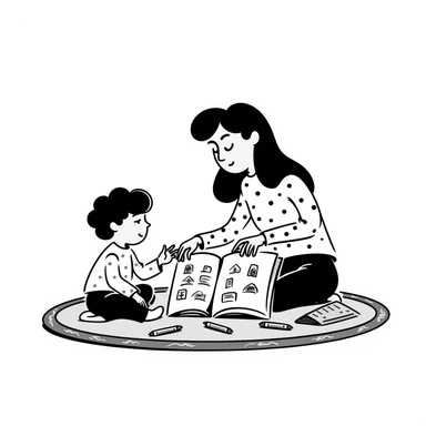 educator or speech therapist with child, who helps child with lessons sticker