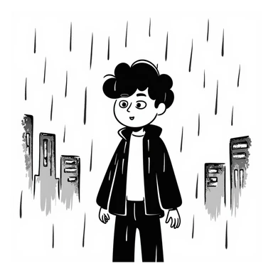 Anime boy protagonist standing in pouring rain, dramatic anime scene sticker