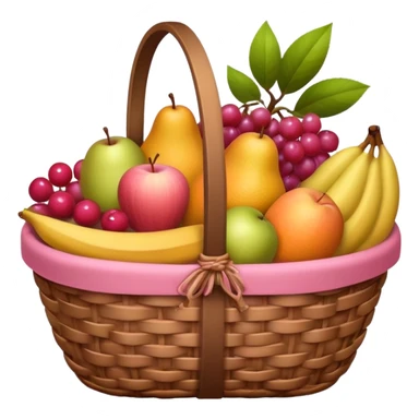 A brown basket of fruits with some pink aesthetic motives on the basket in an ios 18 emoji  sticker
