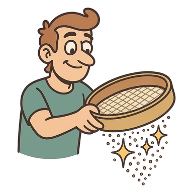 stylized sieve with shining particles passing through, metaphor for kalburüstü sticker