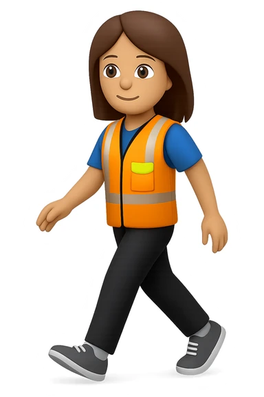 Edit the images to depict a full-body white female person walking, with shoulder-length brown hair, wearing a high-visibility vest, no hard hat, and trainers. The style should resemble apple style emojis with no background (transparent). sticker