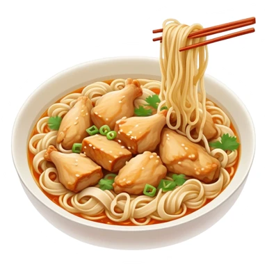 Xinjiang Big Plate Chicken Noodles with wide hand-pulled noodles and chicken chunks, simplified emoji style with bold outlines and bright colors, cartoon style Da Pan Ji with noodles sticker