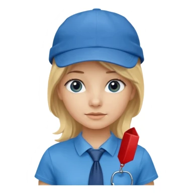bloande girl with tshirt blue tie and cap sticker