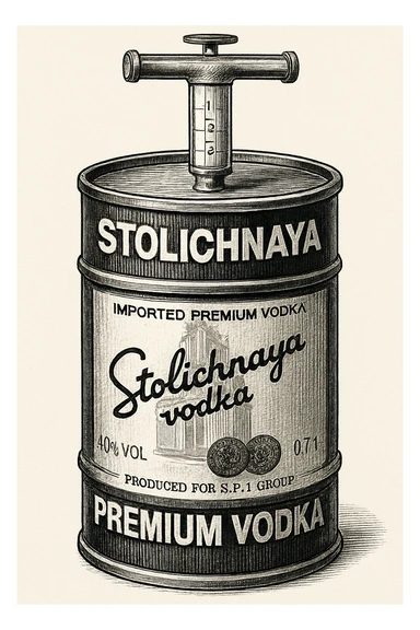 нарисуй в такой форме, как во вложении бутылку водки, но чтобы она была похожую на бочку нефти, в стиле как во вложении второе фото sticker