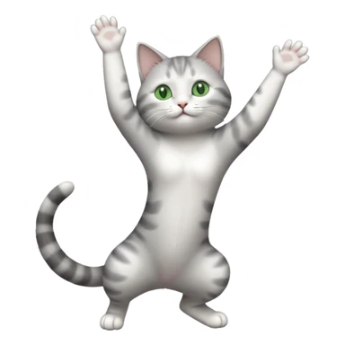 grey and white cat with green eyes doing a big extremely long stretch reaching up into the air with arms and legs side by side together sticker