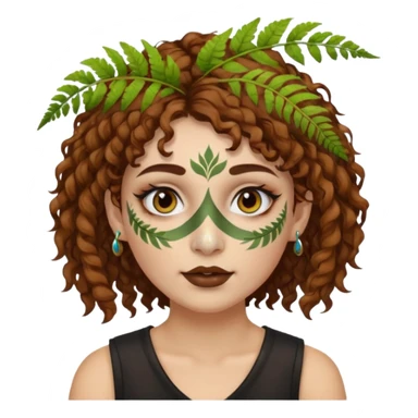 portrait woman short curly brown mullet hair brown eyes white skin with fern face paint and nose ring sticker