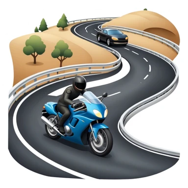 An icon showing a motorcycle and a car speeding through a winding road, with the car’s sleek silhouette blending into the curve of the road while the motorcycle zips past. The scene should capture the thrill of the ride, the freedom of the open road. transparent background. sticker