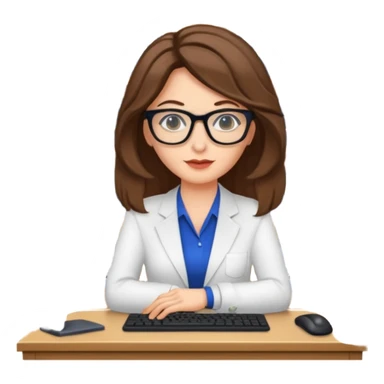 donna bella, occhi azzurri con occhiali, capelli medi, lisci e biondi, lavora al pc. sullo sfondo una libreria sticker