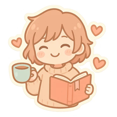 cozy book, pastel colors, smiling face, bookmark, chibi style, holding a cup of tea, surrounded by floating hearts sticker