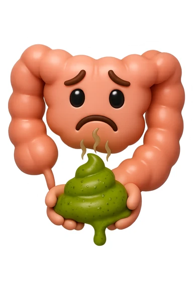 emoji stile iphone 3d di un intestino con espressione triste con cacca verde e liquida in mano , iperrealistiche 4k sticker